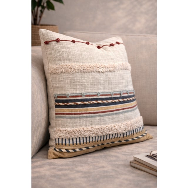 Contemporary Rust & Indigo Textured Stripe Embroidered Cushion Cover For Sale - Image 3 of 4
