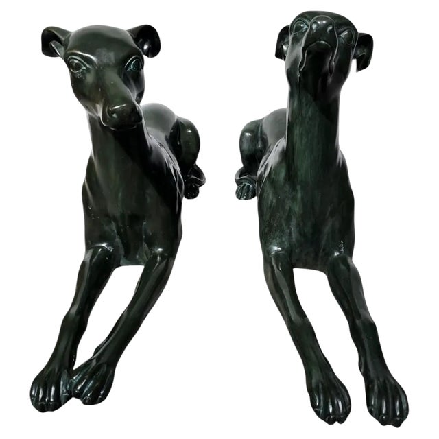 Italian Greyhound Statues in Green Patinated Bronze, 1950s, Set of 2 For Sale