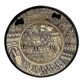 Large Vintage 1980s Hand Painted Black and White Peruvian Platter For Sale