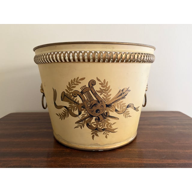 French Country Antique French Neoclassical Yellow Tole Cachepot With Lion-Head Handles For Sale - Image 3 of 12