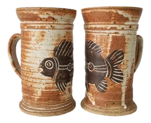 1990s Vintage Handmade Fish Motif Art Pottery Mugs - a Pair, Signed