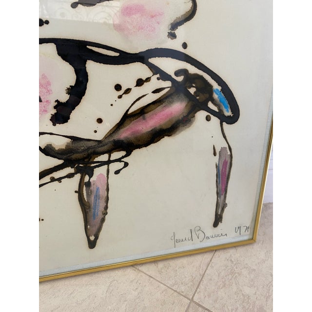 Cream 1971 Gerard Bouvier Framed Signed French Ink and Pastel Abstract Artwork For Sale - Image 8 of 10