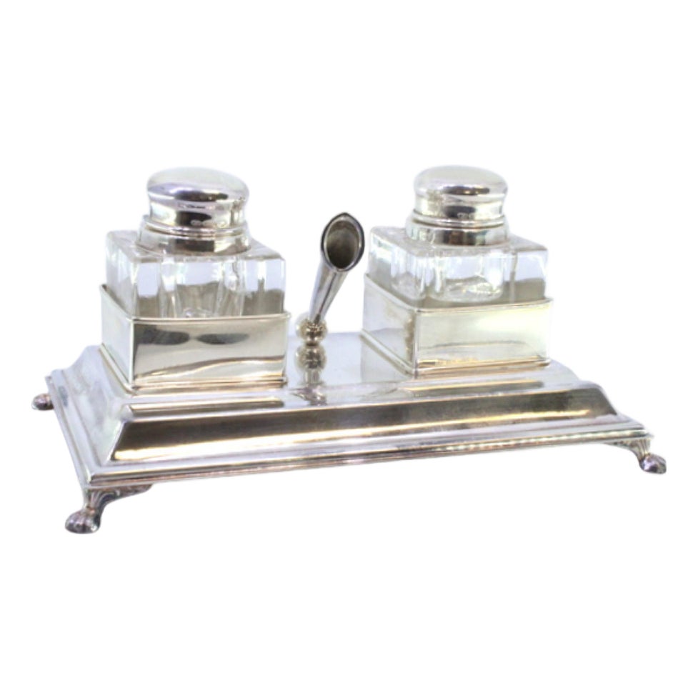 Silver and Glass Inkwell with Pen Holder, Frieze and Claw-Shaped Feet ...