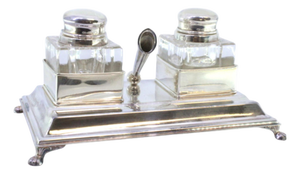 Silver and Glass Inkwell with Pen Holder, Frieze and Claw-Shaped Feet