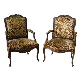 Louis XV Style Walnut Leopard Fauteuils - A Pair For Sale