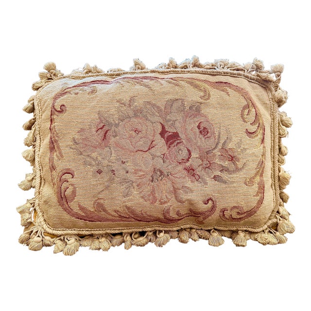‘French Aubusson-Style’ Tapestry Cushion, Pillow, Wool Petit Point Needlepoint Botanical Design, Solid Cotton Velvet Zippered Back by Chelsea Textiles For Sale
