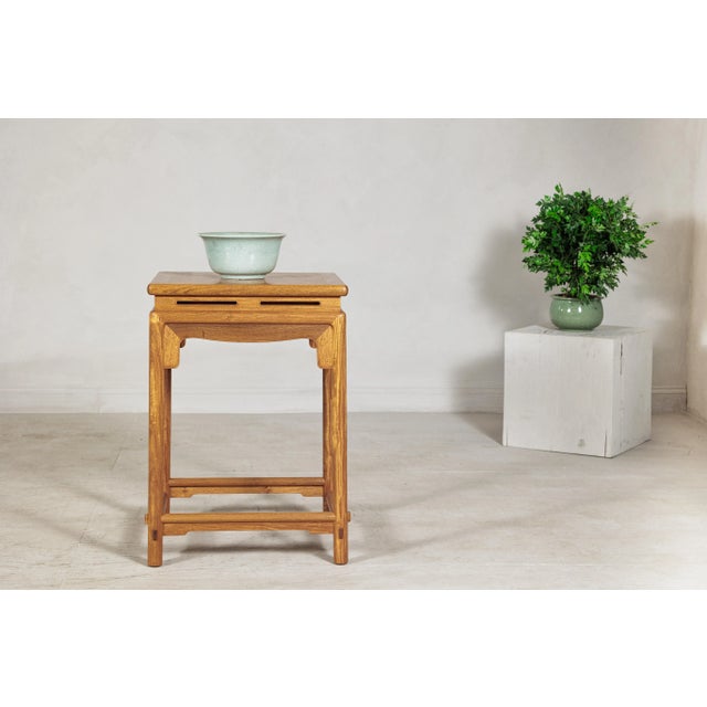 Late 20th Century Vintage Chinese Square Elm Lamp Table with Pierced Apron and Warm Wood Grain Finish For Sale - Image 5 of 12