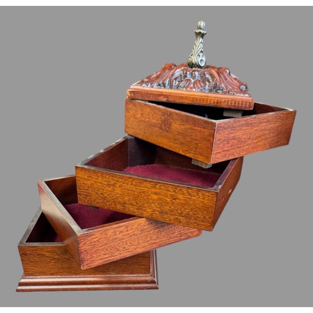 2001 Bombay Company Rotating Tiered Mahogany Jewelry Chest With Carved Top For Sale - Image 4 of 7