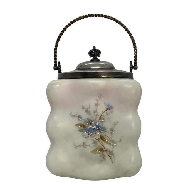 Late 19th Century C.F. Monroe Glass Wavecrest Floral Decorated Opal Ware Biscuit Cracker Barrel With Silver Plated Handle and Lid For Sale - Image 12 of 13