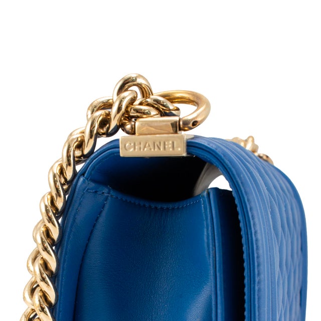 Blue Chanel Small Boy Flap Blue Quilted Lambskin Gold Hardware Shoulder Bag For Sale - Image 8 of 12