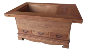 Traditional Japanese Hinoki Cypress Hibachi Table With Side Compartment, Three Drawers & Copper Basin