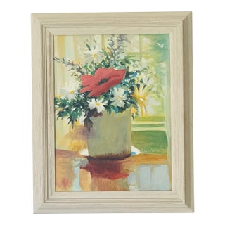1990s Original Art Painting on Canvas Red Poppy and Daizies Signed Framed For Sale