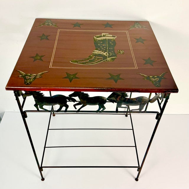 American 1990s Vintage Americana Southwestern Horse, Cowboy Boot, & Long Horn Steer Metal Framed Side Table For Sale - Image 3 of 17