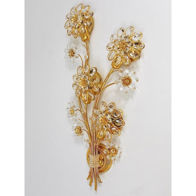 Large Gilt Brass & Crystals Flower Wall Light from Palwa, 1970s For Sale - Image 16 of 17
