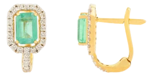 Modern Art Deco Emerald Earrings With Diamonds in 14k Gold- A Pair