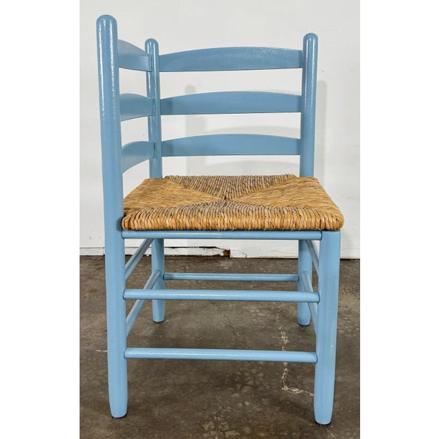 Vintage Blue French Country Style Ladderback Rush Seat Corner Chair For Sale - Image 4 of 8