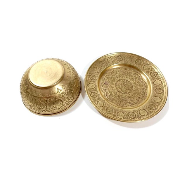 Early 20th Century Antique Brass Bowl & Plate Set – Hand-Etched Islamic Floral Motifs For Sale - Image 5 of 6