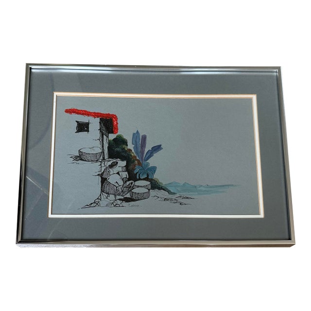 1990s Modernist Mixed Media Pen & Ink Illustration, Framed 14x20 For Sale