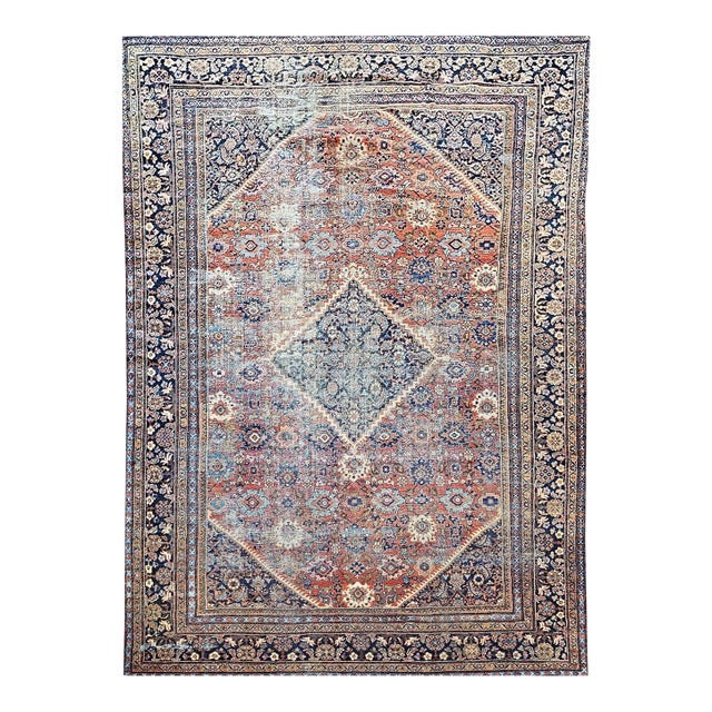Antique Persian Mahal Sultanabad Rug, Hand-Knotted Wool, Geometric Pattern, Brick-Red & Navy, 10x15 For Sale