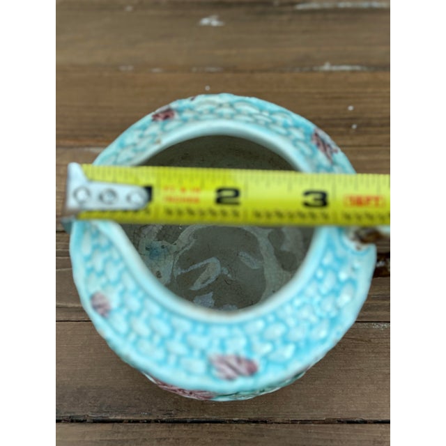 Victorian Victorian Majolica Turquoise Basketweave Floral Creamer – C. 1870–1890 For Sale - Image 3 of 4