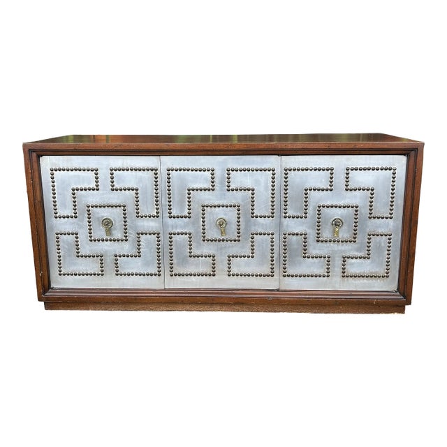 Petite Parzinger Style Hammered-Metal Fronted Cabinet For Sale