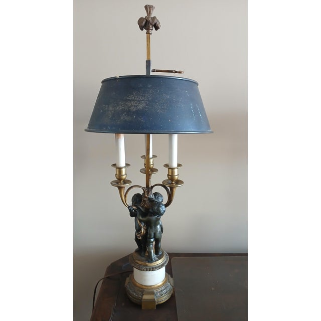 Victorian Antique Brass, Bronze, and Marble Cherub Bouillotte Lamp For Sale - Image 3 of 18