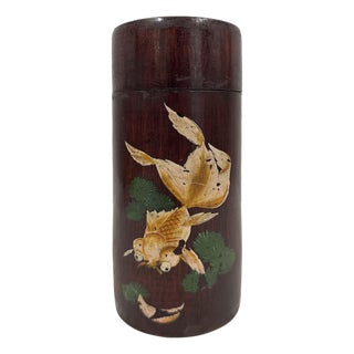 Mid-20th Century Antique Chinese Hand-Painted Cylindrical Bamboo Tea Caddy For Sale