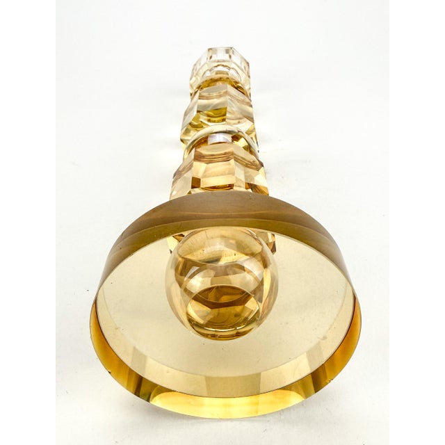 Vintage Geometric Gold Tone Glass Pillar Candle Stick Holder For Sale - Image 9 of 11