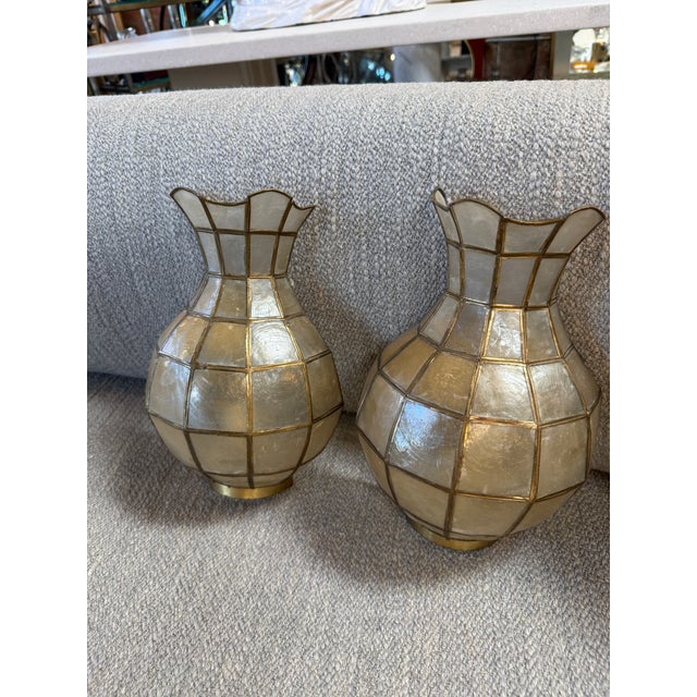 Pair of Capiz Shell and Brass Wall Sconces Small, 1970s For Sale - Image 9 of 9