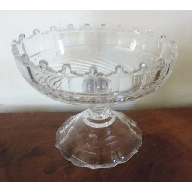 A beautiful English cut crystal footed compote with wide base and oval bowl. Measures 9 5/8" x 7 1/2" x 7 1/2" tall....
