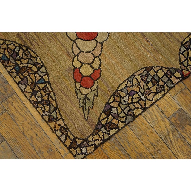 1930s Tan Camel Floral Medallion Antique American Hooked Hand Knotted Rug 3'0" X 3'5" Wool Carpet For Sale - Image 4 of 5