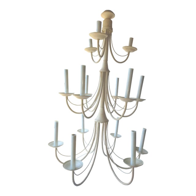 1970s Ivory Painted Iron Parzinger Style Three Tier Chandelier With Fifteen Arms For Sale