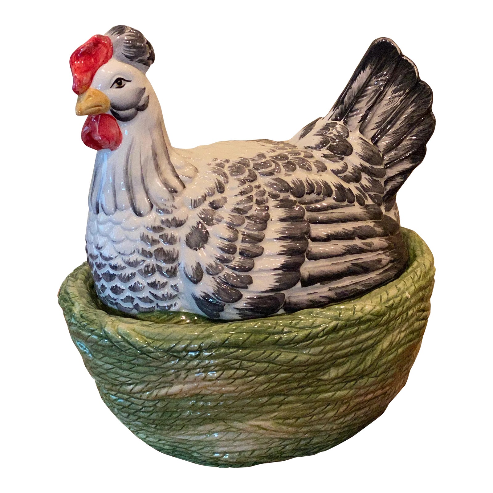 Vintage 1980s Hand Painted Black and White Ceramic Chicken Tureen With Green RobeLike Texture