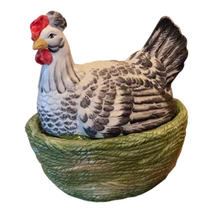 Vintage 1980s Hand Painted Black and White Ceramic Chicken Tureen With Green Robe-Like Texture Base, Made in Italy