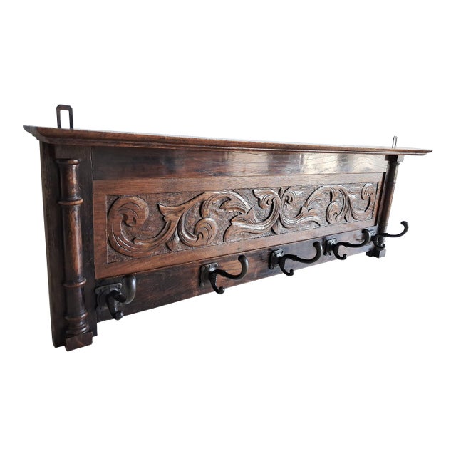 Antique Carved Solid Wood Wall Coat Rack, European Folk Style, 5 Hook Hall Rack For Sale