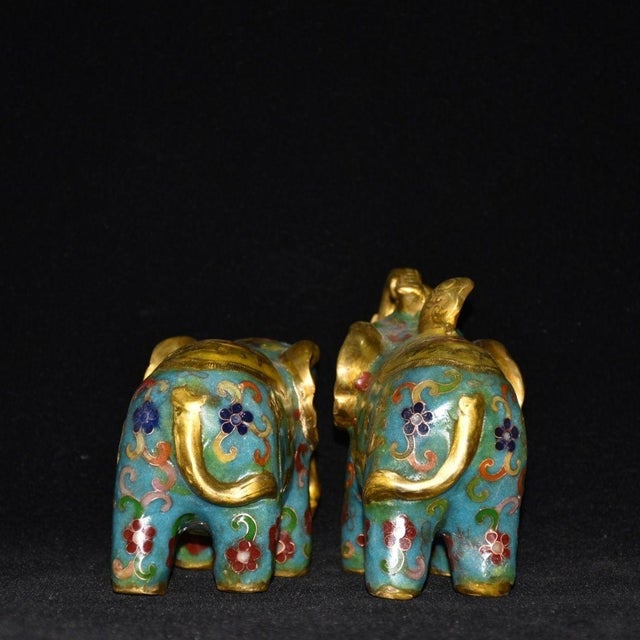 Vintage Pair of Chinese Cloisonne Enamel Elephants - Gilt Bronze Figures For Sale In Los Angeles - Image 6 of 9