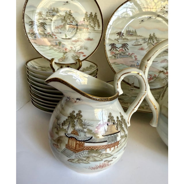 1970s Japanese Hand-Painted Eggshell Porcelain Landscape Luncheon Tea Set - 36 Pieces For Sale - Image 17 of 17