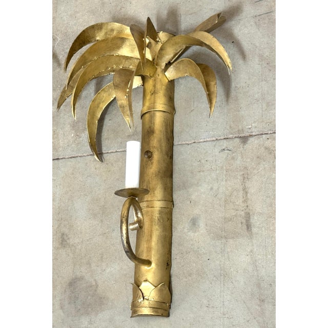 Pair Jansen Style French Gilt Tôle Palm Tree Two-Light Wall Sconces, Circa 1960s For Sale - Image 10 of 11