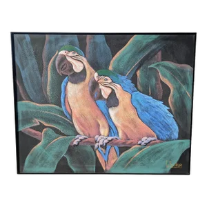 1970s Coastal Tropical Parrot Painting Signed by Lee Reynolds