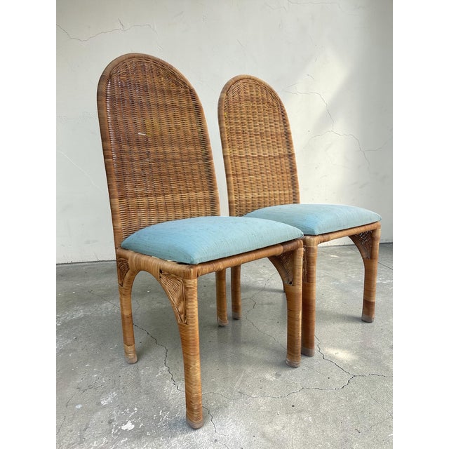 Hollywood Regency Vintage High Back Rattan Dining Chairs With Tall Arched Backs – Hollywood Regency Coastal, a Pair For Sale - Image 3 of 9