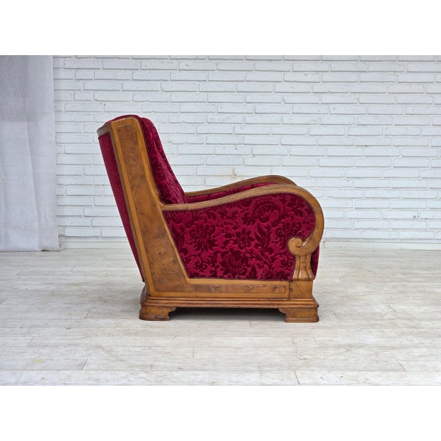 Red Danish Relax Armchair in Red Furniture Velour and Oak Wood, 1950s For Sale - Image 8 of 18