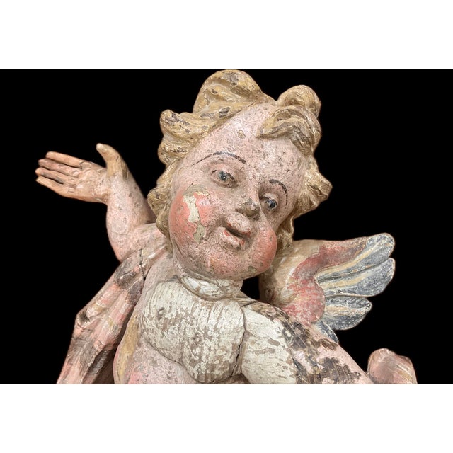 Baroque German Baroque Painted Wood Angel Sculptures, a Pair For Sale - Image 3 of 12