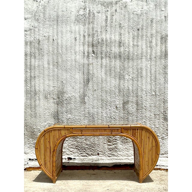 Khaki Vintage Coastal 1978 Henry Olko Rattan Waterfall Desk For Sale - Image 8 of 9