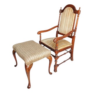 Vintage Carved Oak Armchair & Matching Ottoman Set For Sale