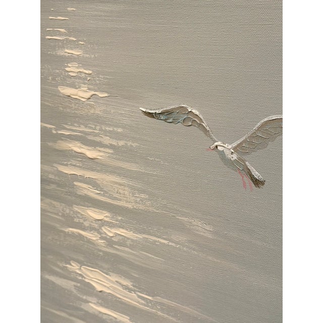 Sky Blue Vintage Lee Reynolds Vanguard Studios Seascape Oil Painting – Mid-Century Modern Coastal Seagulls Over Water, Large Framed Artwork For Sale - Image 8 of 9