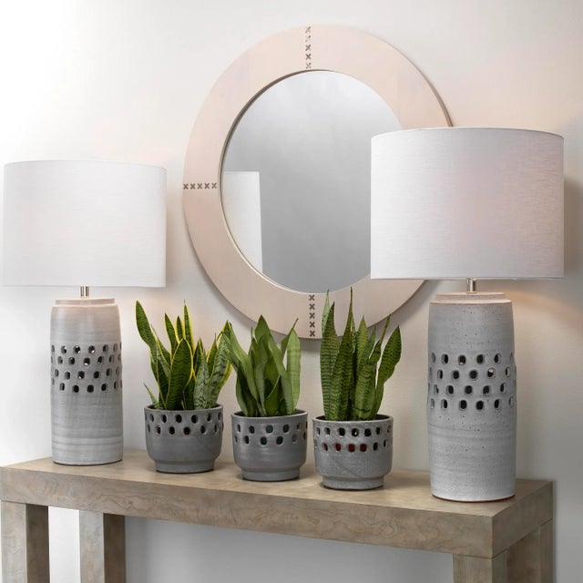 2020s Jamie Young Round Cross Stitch Mirror in White Cow Hide & Leather, Large For Sale - Image 5 of 6