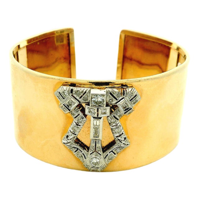 1930s Art Deco Diamond Platinum & 14k Gold Wide Marriage Cuff Bracelet For Sale