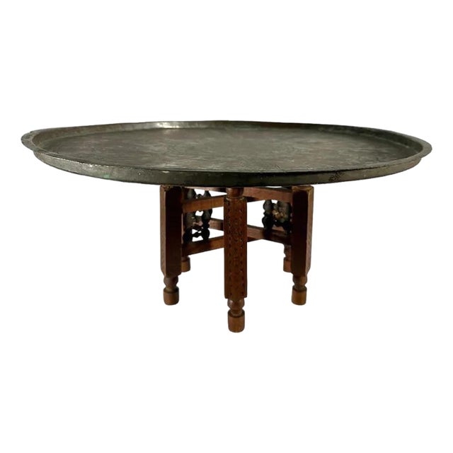 Moroccan Copper Tray Table: Hand-Etched Floral Design, Folding Wood Base For Sale
