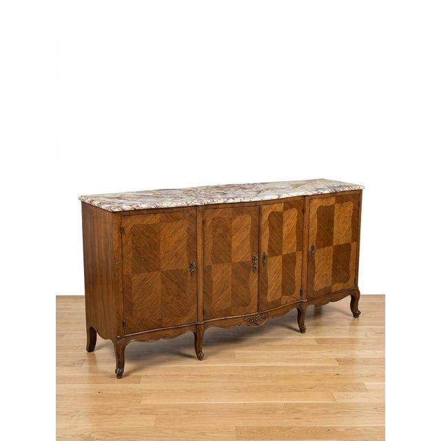 French Louis XV Style Sideboard With Walnut Marquetry, Bronze Hardware, and Cosmopolitan Quartzite Top For Sale - Image 4 of 7