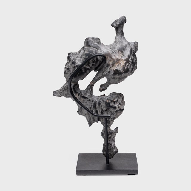Gracefully balanced on a single point, this foraged lingbi stone is displayed as a petite tabletop sculpture in the manner...